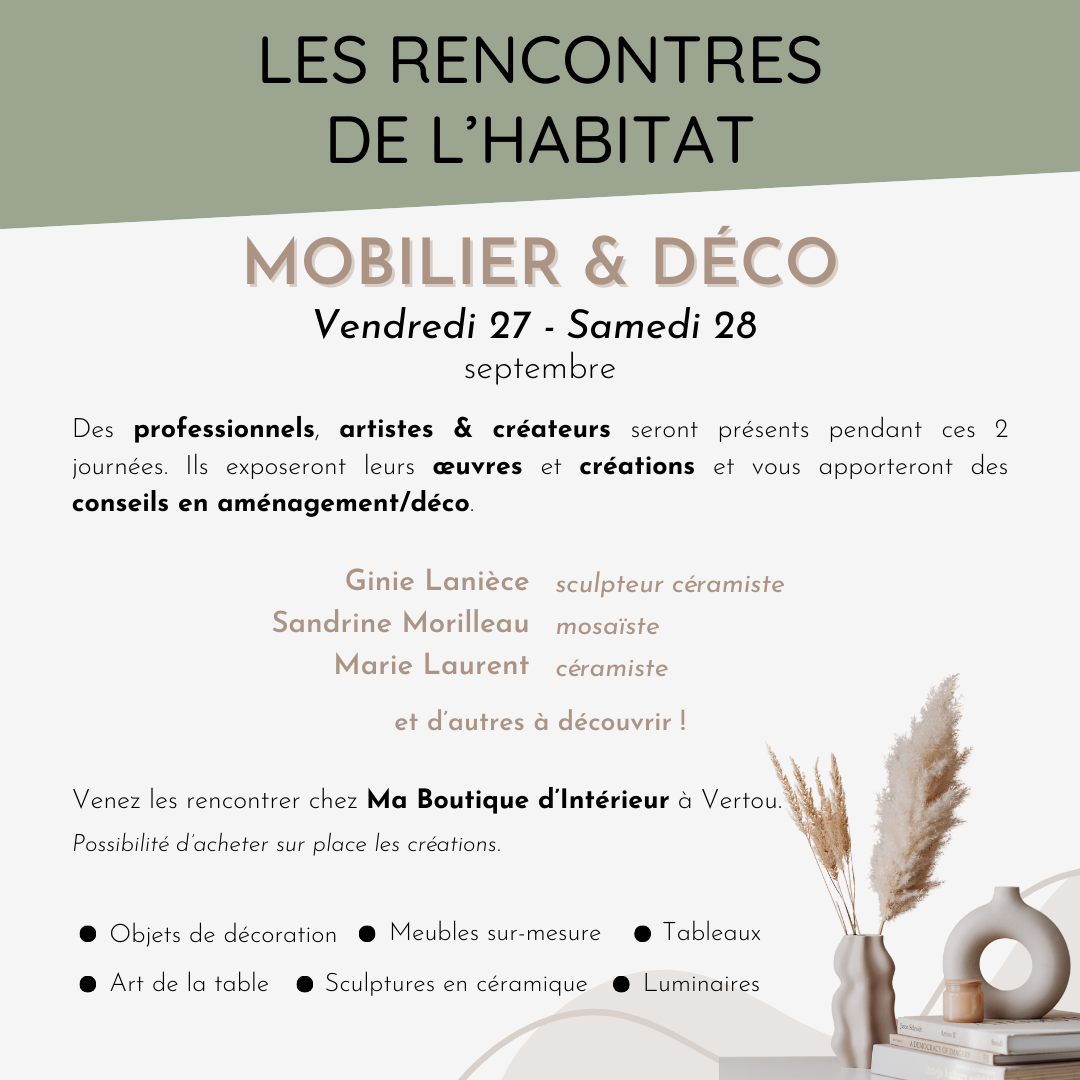 Mise en valeur des talents d'artistes locaux. Sculptures, tableaux, art de la table, petite décoration, revêtement mural, mobilier... Événement du vendredi 27 au samedi 28 septembre 2024.